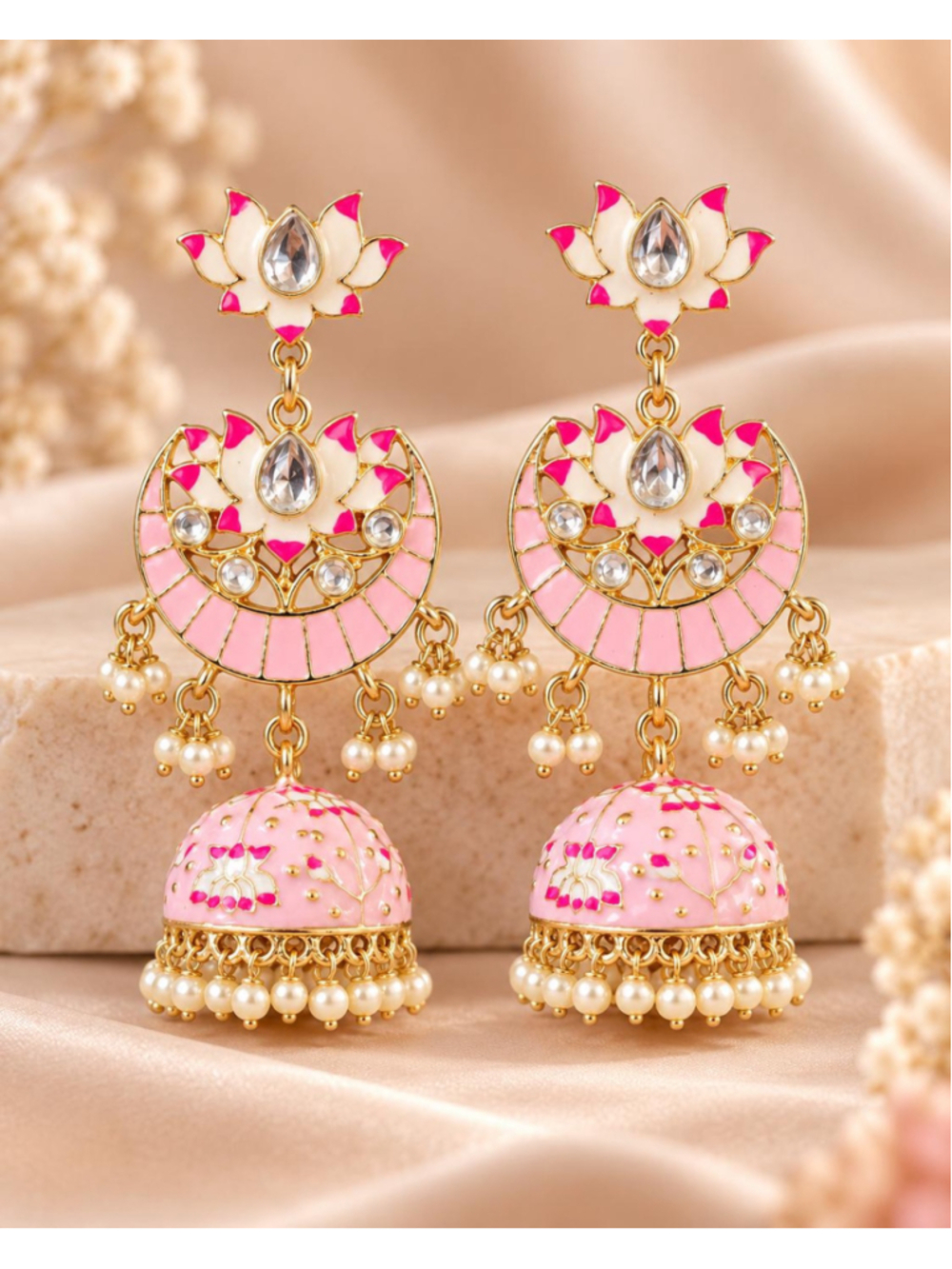 Pink Lotus Jhumka Earrings with Pearls | Indian Festive Jewelry